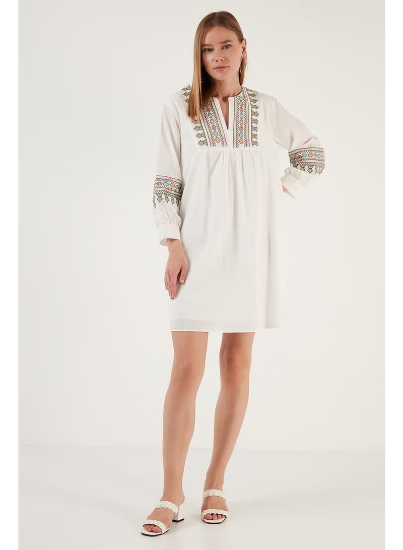 Lela Cotton Embroidery Detailed Comfortable Cut V-Neck Mini Dress Women's Dress 611EL269 - Image 2